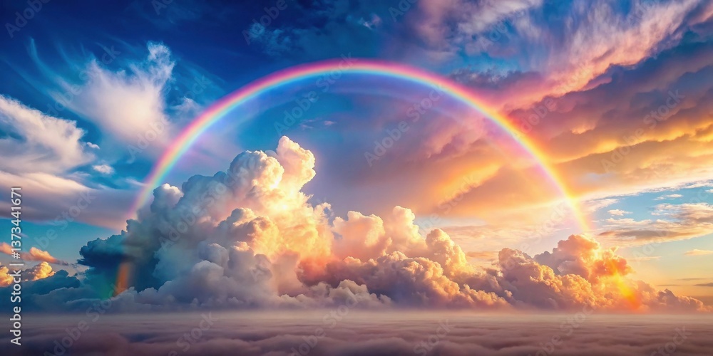 A Majestic Rainbow Arcing Over a Sea of Clouds at Sunset, a Breathtaking Celestial Display of Colors and Light A Majestic Rainbow Arcing Over a Sea of Clouds at Sunset, a Breathtaking Celestial Display of Colors and Light