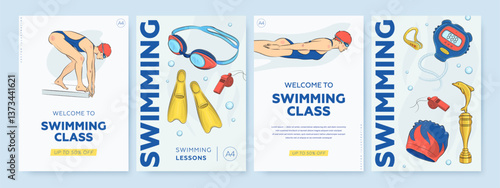 Welcome to swimming class poster, flyer or promotion web banner set. Vector illustration of athletic woman in blue swimsuit. Swimming lesson or competition advertisement concept