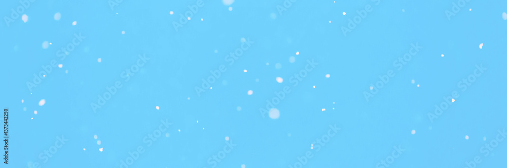 Wide panoramic winter background. Texture with snowfall. Winter. Flying small and large snow flakes on a light blue background.