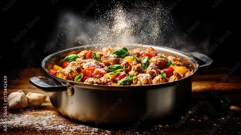 Dish with savory ingredients, spice dusted with garlic, herbs, cooked and steaming Dish with savory ingredients, spice dusted with garlic, herbs, cooked and steaming