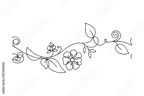 Elegant Floral Vine Design Line Art, Botanical, Swirls, Leaves, Flowers