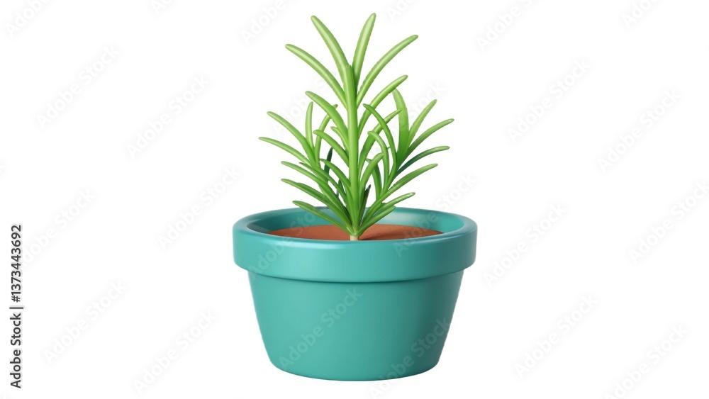 Obraz premium Green rosemary plant in a turquoise pot with soil.