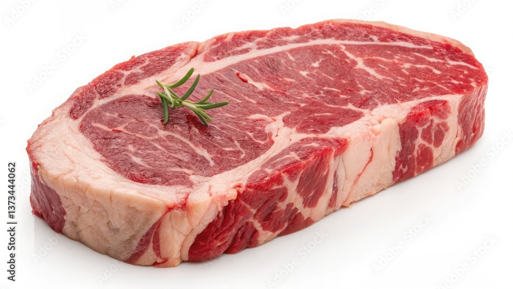 Fresh raw ribeye steak garnished with a sprig of rosemary, perfect for grilling or roasting. Ideal for meat lovers and culinary enthusiasts. Isolate on white background, Copy space, commercial use Fresh raw ribeye steak garnished with a sprig of rosemary, perfect for grilling or roasting. Ideal for meat lovers and culinary enthusiasts. Isolate on white background, Copy space, commercial use