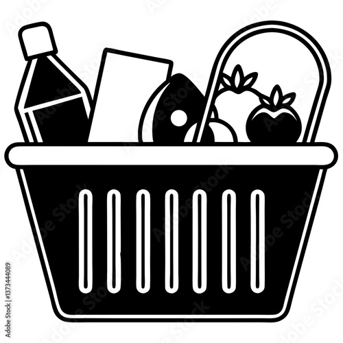 Grocery basket filled with food items and beverages  