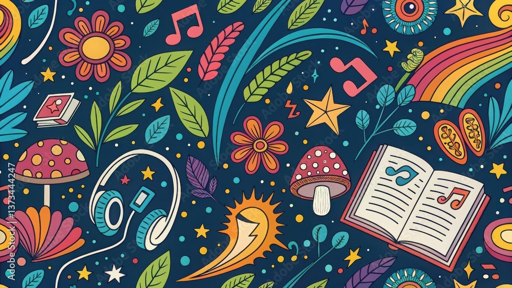 Naklejka premium Vibrant illustration filled with musical notes, flowers, mushrooms, and rainbow designs, perfect for creativity and inspiration. Isolate on dark background, Copy space, commercial use