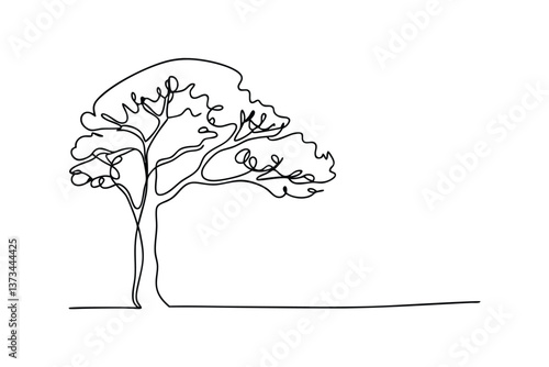 SingleLine Drawing of a Lush, Leafy Tree in Nature