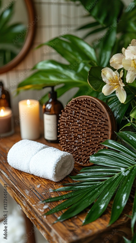 Tranquil Spa Setup with Natural Elements, Candles, and Towels