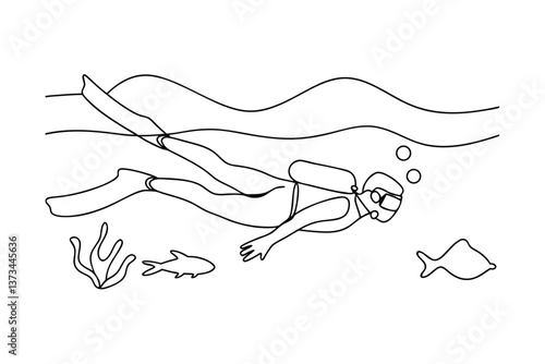 Underwater Scuba Diver, Snorkeling, Ocean Exploration, Marine Life, OneLine Art