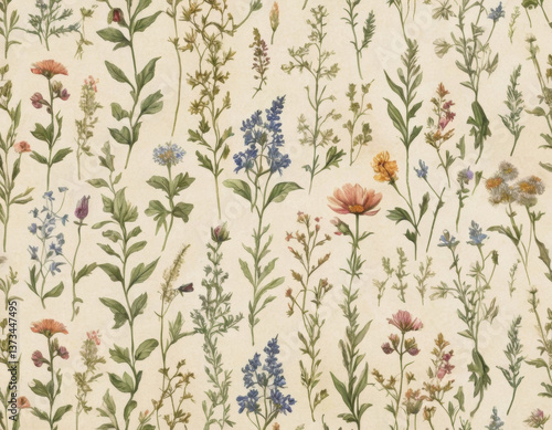 A seamless vintage botanical pattern featuring detailed wildflowers and herbs, intricately drawn with soft watercolor textures on a muted parchment background.