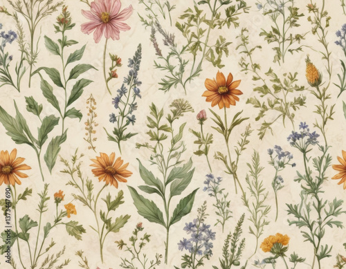 Wallpaper Mural A seamless vintage botanical pattern featuring detailed wildflowers and herbs, intricately drawn with soft watercolor textures on a muted parchment background. Torontodigital.ca