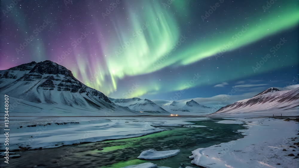 Naklejka premium Epic Northern Lights Show Over Arctic Mountains. Greatest Nature Landscapes 