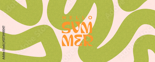 Summer horizontal abstract background with hand drawn wavy lines and typograpy. Modern art minimalist design template for web banner, sales, horizontal poster, header, cover, social media, fashion ads