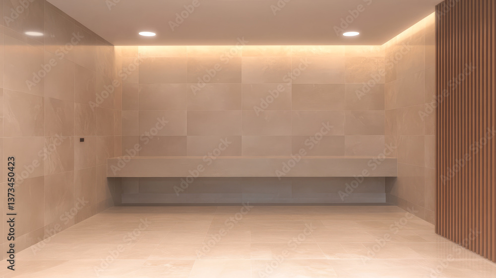 Fototapeta premium Minimalist interior with natural stone walls and modern lighting in a bright space