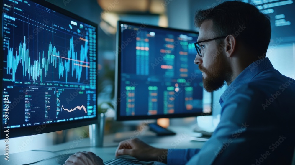 AI scientist developing AI powered predictive analytics for stock market forecasting, office with AI models and stock market data, FinTech AI style AI scientist developing AI powered predictive analytics for stock market forecasting, office with AI models and stock market data, FinTech AI style