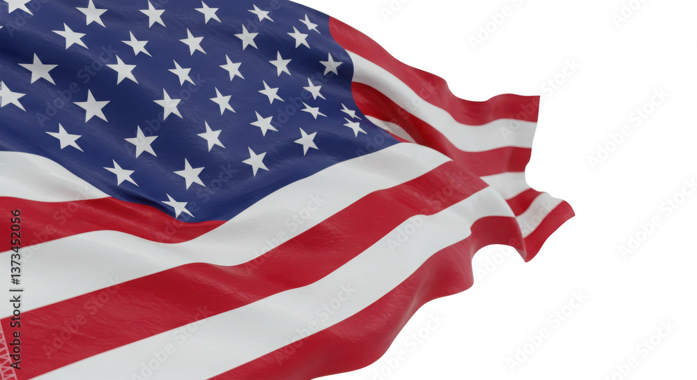 Fototapeta premium Close up of the american flag waving in the wind with stripes and stars in the corner of the image