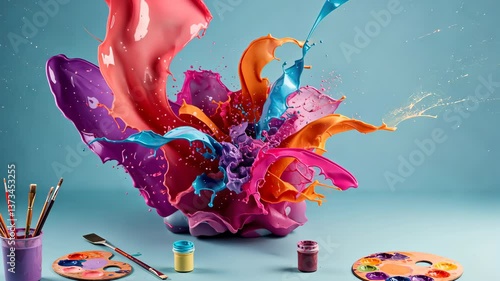 Colorful splashes of paint: vibrant explosion of hues erupts from a container, a dynamic artwork with paintbrushes and palettes. showcasing artistic creativity and expressive energy.