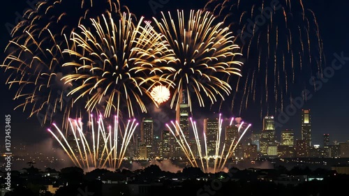 Fireworks over the Cityscape: Captivating fireworks illuminate the night sky above a stunning cityscape, creating a vibrant spectacle of light and color, showcasing the artistry of pyrotechnics.