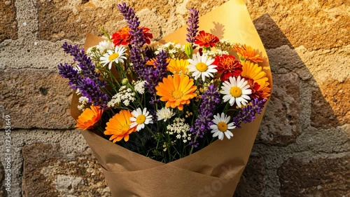 Floral Symphony: A vibrantly colorful bouquet of mixed wildflowers bursts with natural beauty, wrapped in earthy paper against the backdrop of a textured stone wall. 