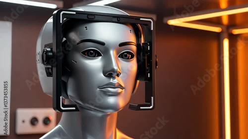Cyborg Portrait: A metallic-skinned cyborg with a sleek, futuristic design. The portrait captures the details of the advanced technology.