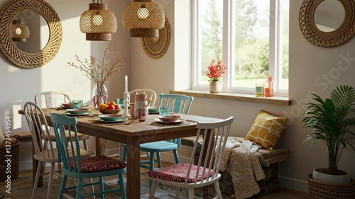 Serene Dining Room: A warm and inviting dining area, illuminated by soft natural light, with a wooden table and colorful chairs. Adorned with elegant decorations, it embodies comfort and style.