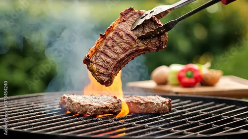 Grilled Steak: A close-up shot of a delicious, freshly grilled steak being lifted from a hot barbecue grill with tongs. The succulent meat is cooked to perfection, with char marks.