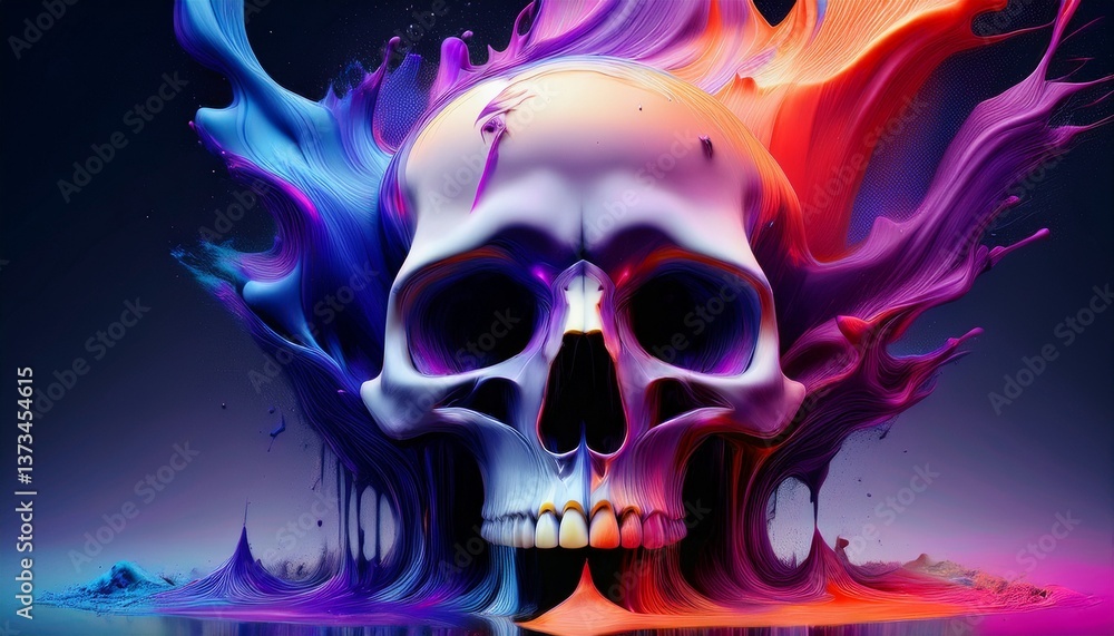 Infinite number of bright colors flow of a 3D rendered white human skull which rises from the very colorful surface background color lots of assorted color splashes watercolor illustration hand paint Infinite number of bright colors flow of a 3D rendered white human skull which rises from the very colorful surface background color lots of assorted color splashes watercolor illustration hand paint