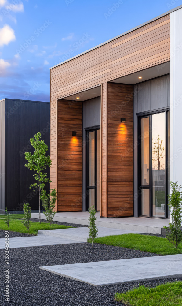 Modern architectural design with wooden accents in a landscaped outdoor setting Modern architectural design with wooden accents in a landscaped outdoor setting