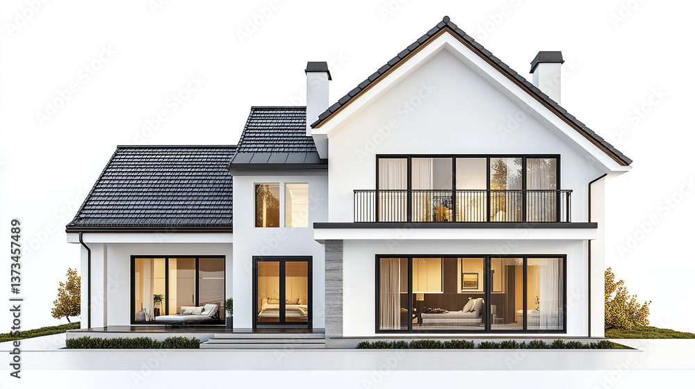 Modern two story house with large windows and gable roof Modern two story house with large windows and gable roof