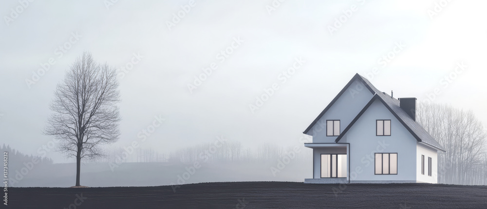 Modern house stands alone on foggy landscape during early morning light Modern house stands alone on foggy landscape during early morning light