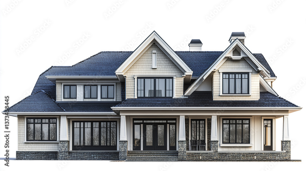 Elegant two story house with large windows and dark roof Elegant two story house with large windows and dark roof