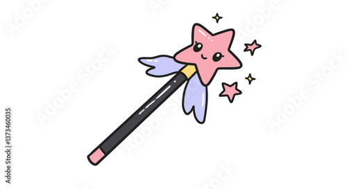 Cute pink star wand with sparkles on a white background  