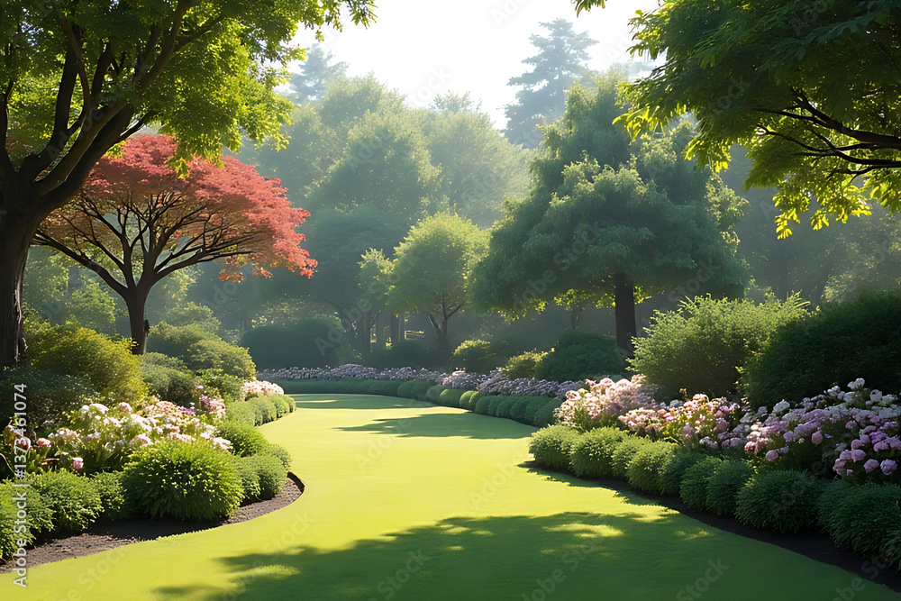 Naklejka premium Peaceful garden with ornamental trees, colorful blossoms, and soft lighting