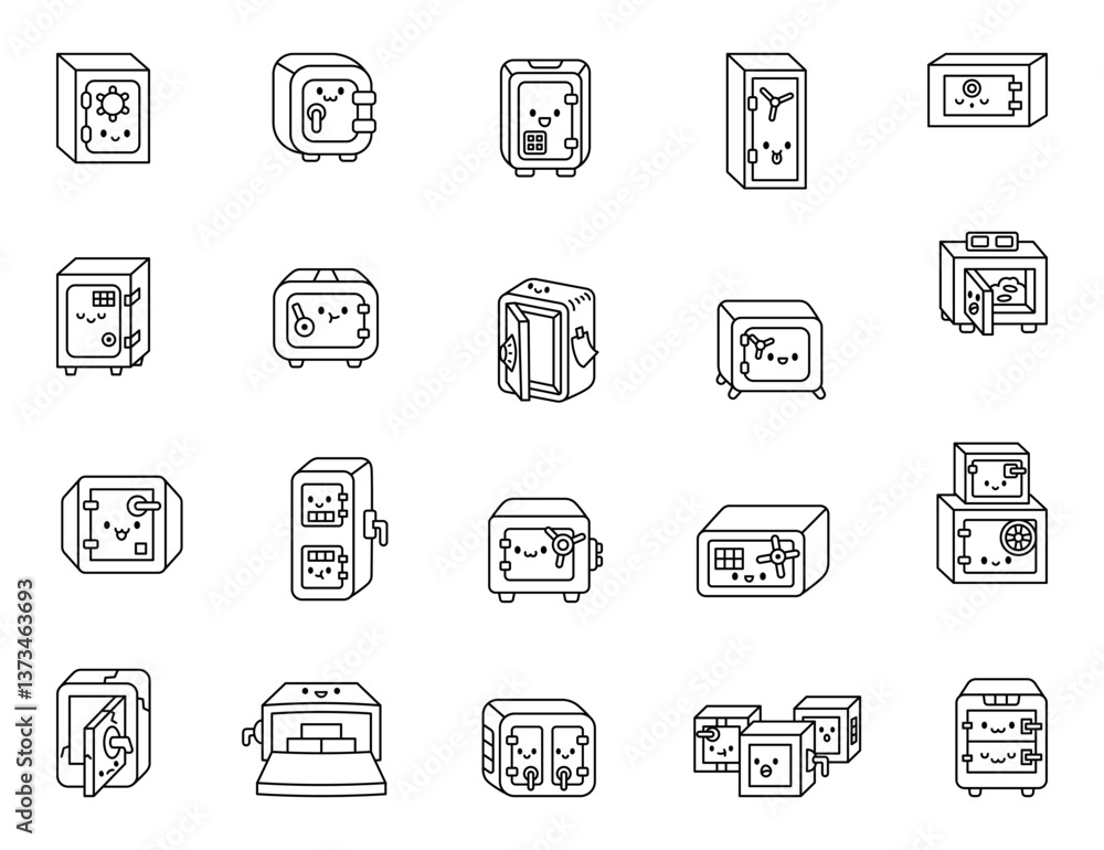 Set of adorable cartoon safes with smiling and sleeping expressions created as secure lockable boxes for storing valuables with protection and safety in mind, for yours creative designs projects Set of adorable cartoon safes with smiling and sleeping expressions created as secure lockable boxes for storing valuables with protection and safety in mind, for yours creative designs projects