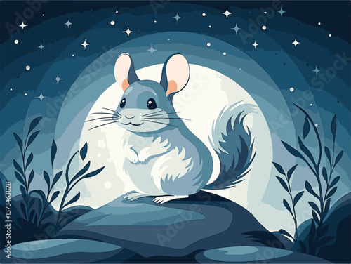 Various animals in EPS and vector formats. Adorable Cartoon Chinchilla Sitting on Rock Under Starry Night Sky