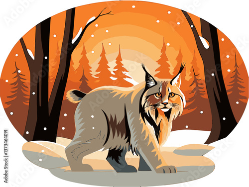 Various animals in EPS and vector formats. Majestic Lynx Walking Through Snowy Forest at Sunset in Winter Scene