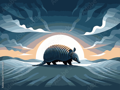 Various animals in EPS and vector formats. Colorful Digital Artwork of Armadillo Against a Sunset Landscape
