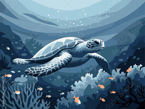 Various animals in EPS and vector formats. Underwater Scene of a Sea Turtle Gliding Through Coral Reef Landscape