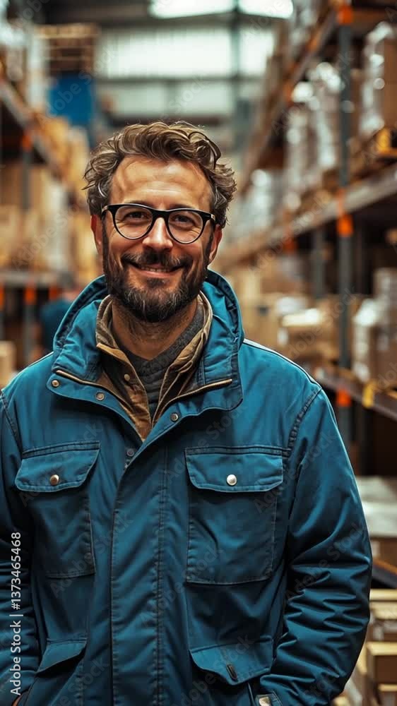 Warehouse worker, smiling, inside storage facility, likely for inventory management Warehouse worker, smiling, inside storage facility, likely for inventory management