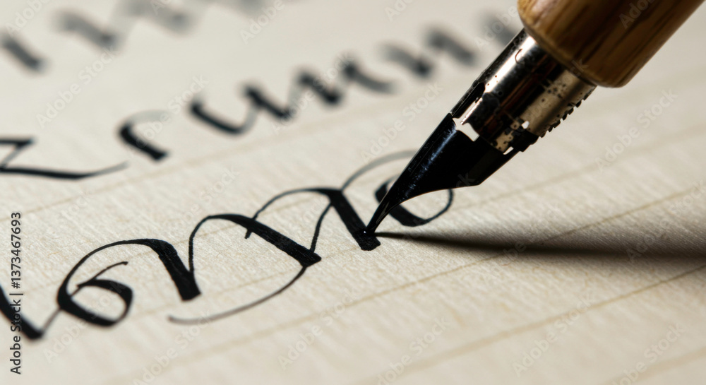 Fototapeta premium Close-up of a fountain pen writing elegant cursive calligraphy on textured paper 
