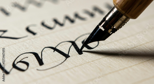 Close-up of a fountain pen writing elegant cursive calligraphy on textured paper
