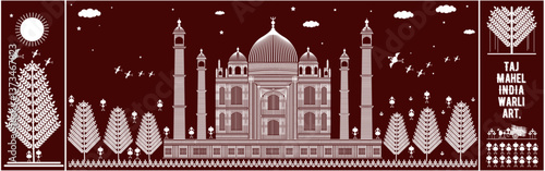 Taj Mahal, wali style art Warli painting, warli art  Warli painting sun, birds flying, Farming, cloud, and people, Tribal art wall painting