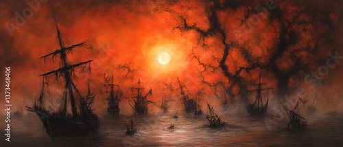 Lost armada of ships in a red haze with dark water and silhouettes of trees under a pale sun