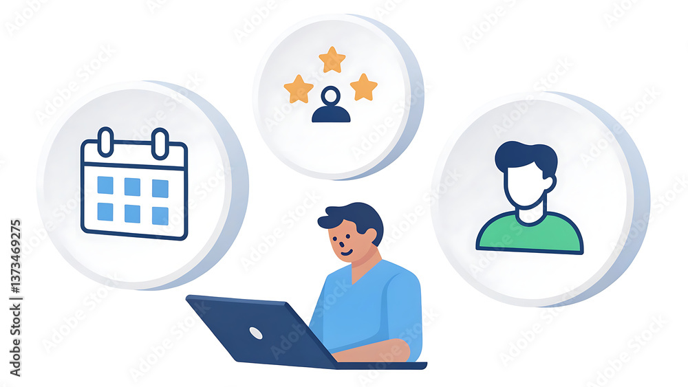 Professional Businessman Working on Laptop with Calendar and User Profile Icons for Productivity and Team Collaboration Professional Businessman Working on Laptop with Calendar and User Profile Icons for Productivity and Team Collaboration