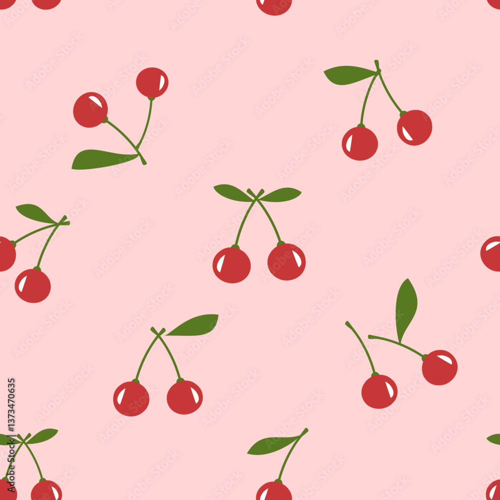 Seamless pattern of cherry fruit with green leaves on pink background vector. Seamless pattern of cherry fruit with green leaves on pink background vector.