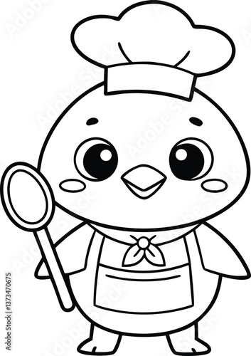 Adorable Chef Chick with Spoon, outline drawing on a transparent background