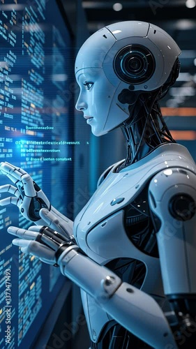 Futuristic robot interacting with technology in a modern environment  