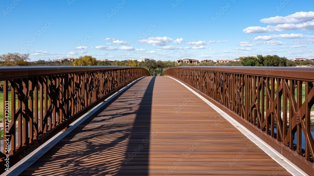 Fototapeta premium Scenic walkway over bridge residential area landscape photography clear skies perspective view tranquil atmosphere
