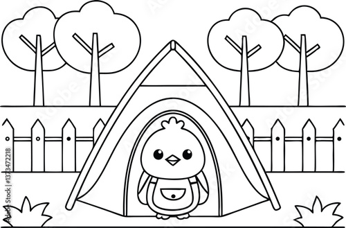 Cartoon Chick with Tent, Trees, and Fence Line Art on Transparent Background