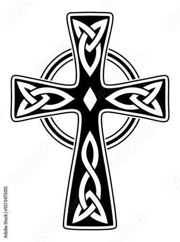 black and white tattoo. vector illustration. print. popular. viking cross scandinavian with patterns on white background