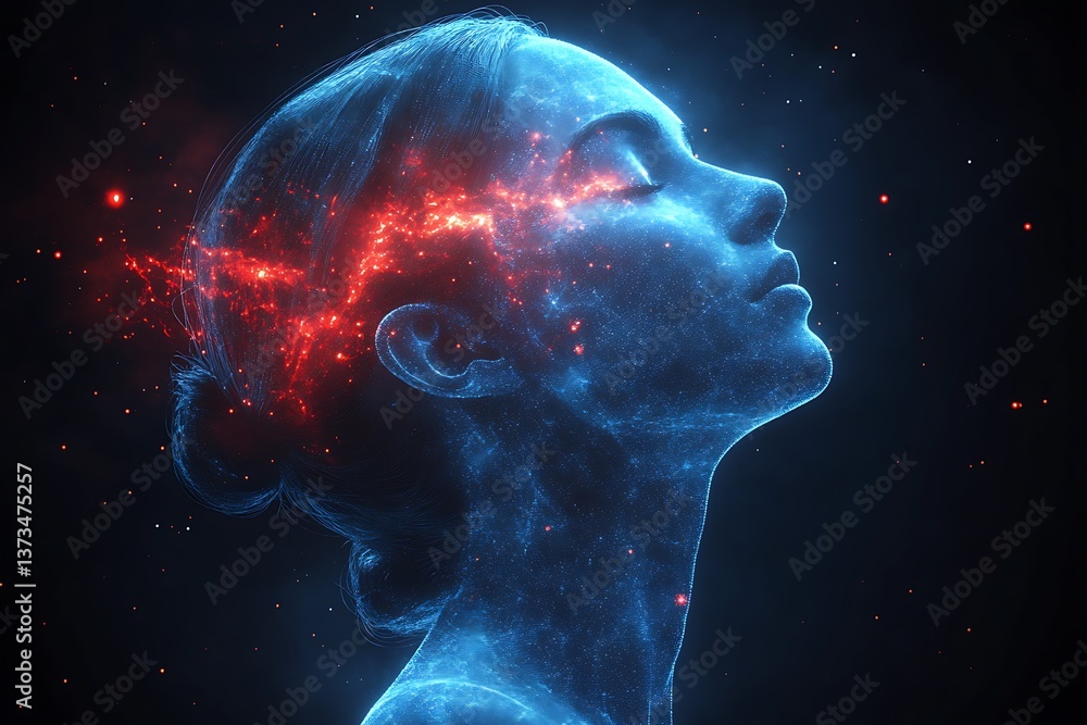 Woman's profile, glowing head, cosmic aura Woman's profile, glowing head, cosmic aura